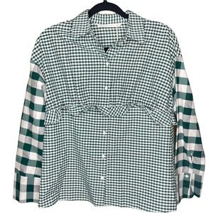 Zara Womens Top Size XS Checkered Green & White Button Down Long Sleeve Shirt